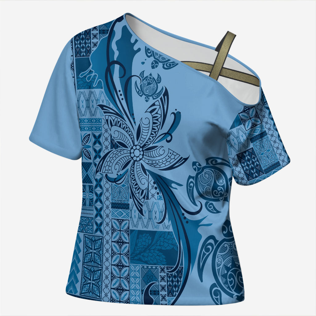 Talofa Samoa Mamanu Siapo Mix Malu Cross Shoulder Shirt Cool Blue Frangipani and Turtles
