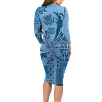 Talofa Samoa Mamanu Siapo Mix Malu Family Matching Long Sleeve Bodycon Dress and Hawaiian Shirt Cool Blue Frangipani and Turtles LT7 - Polynesian Pride