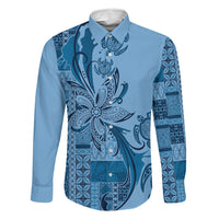 Talofa Samoa Mamanu Siapo Mix Malu Family Matching Off The Shoulder Long Sleeve Dress and Hawaiian Shirt Cool Blue Frangipani and Turtles LT7 Dad's Shirt - Long Sleeve Blue - Polynesian Pride