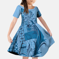 Talofa Samoa Mamanu Siapo Mix Malu Family Matching Off Shoulder Maxi Dress and Hawaiian Shirt Cool Blue Frangipani and Turtles