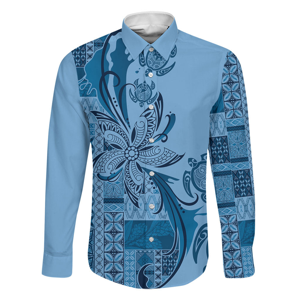 Talofa Samoa Mamanu Siapo Mix Malu Family Matching Puletasi and Hawaiian Shirt Cool Blue Frangipani and Turtles