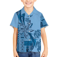 Talofa Samoa Mamanu Siapo Mix Malu Family Matching Short Sleeve Bodycon Dress and Hawaiian Shirt Cool Blue Frangipani and Turtles LT7 Son's Shirt Blue - Polynesian Pride
