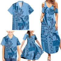 Talofa Samoa Mamanu Siapo Mix Malu Family Matching Summer Maxi Dress and Hawaiian Shirt Cool Blue Frangipani and Turtles