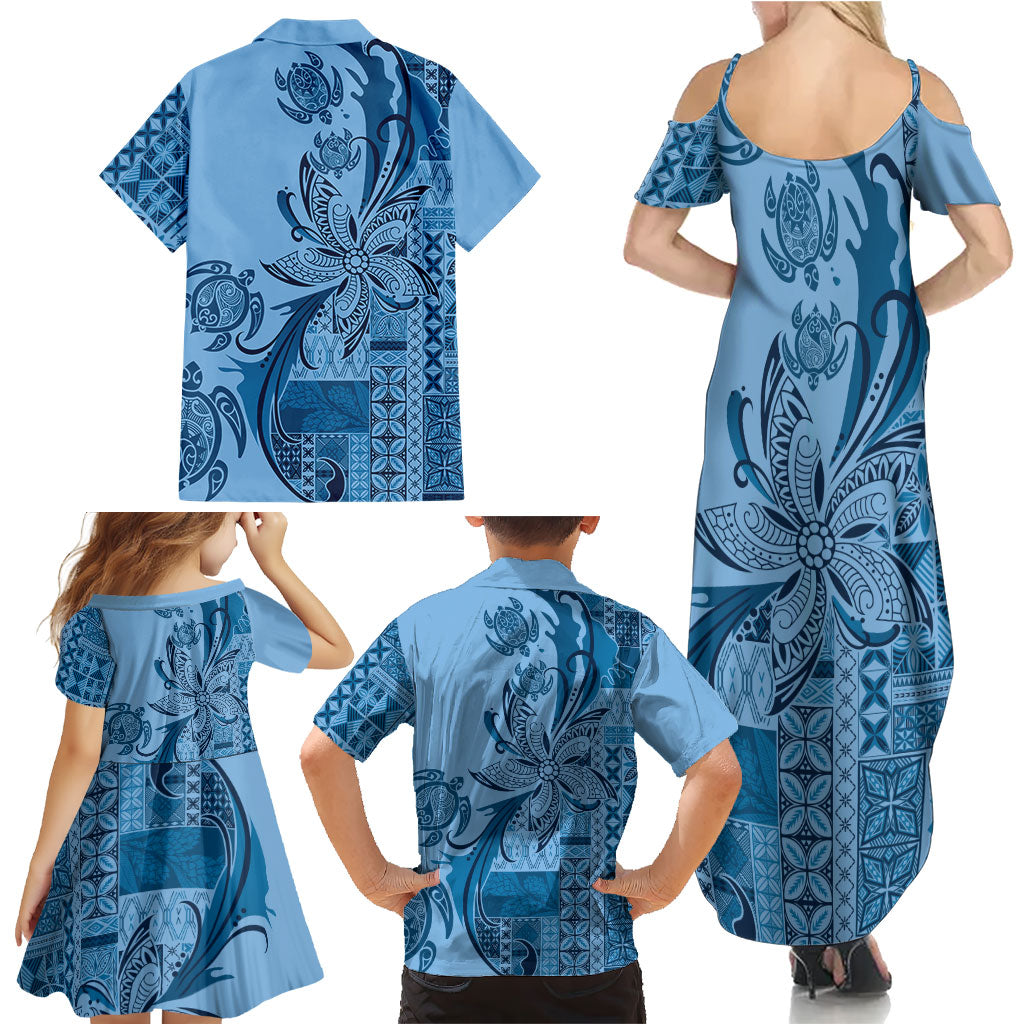 Talofa Samoa Mamanu Siapo Mix Malu Family Matching Summer Maxi Dress and Hawaiian Shirt Cool Blue Frangipani and Turtles