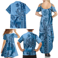 Talofa Samoa Mamanu Siapo Mix Malu Family Matching Summer Maxi Dress and Hawaiian Shirt Cool Blue Frangipani and Turtles