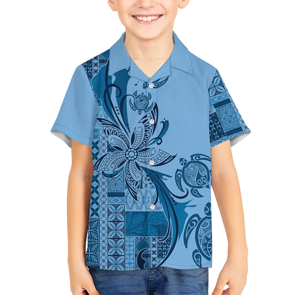 Talofa Samoa Mamanu Siapo Mix Malu Family Matching Summer Maxi Dress and Hawaiian Shirt Cool Blue Frangipani and Turtles
