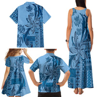 Talofa Samoa Mamanu Siapo Mix Malu Family Matching Tank Maxi Dress and Hawaiian Shirt Cool Blue Frangipani and Turtles