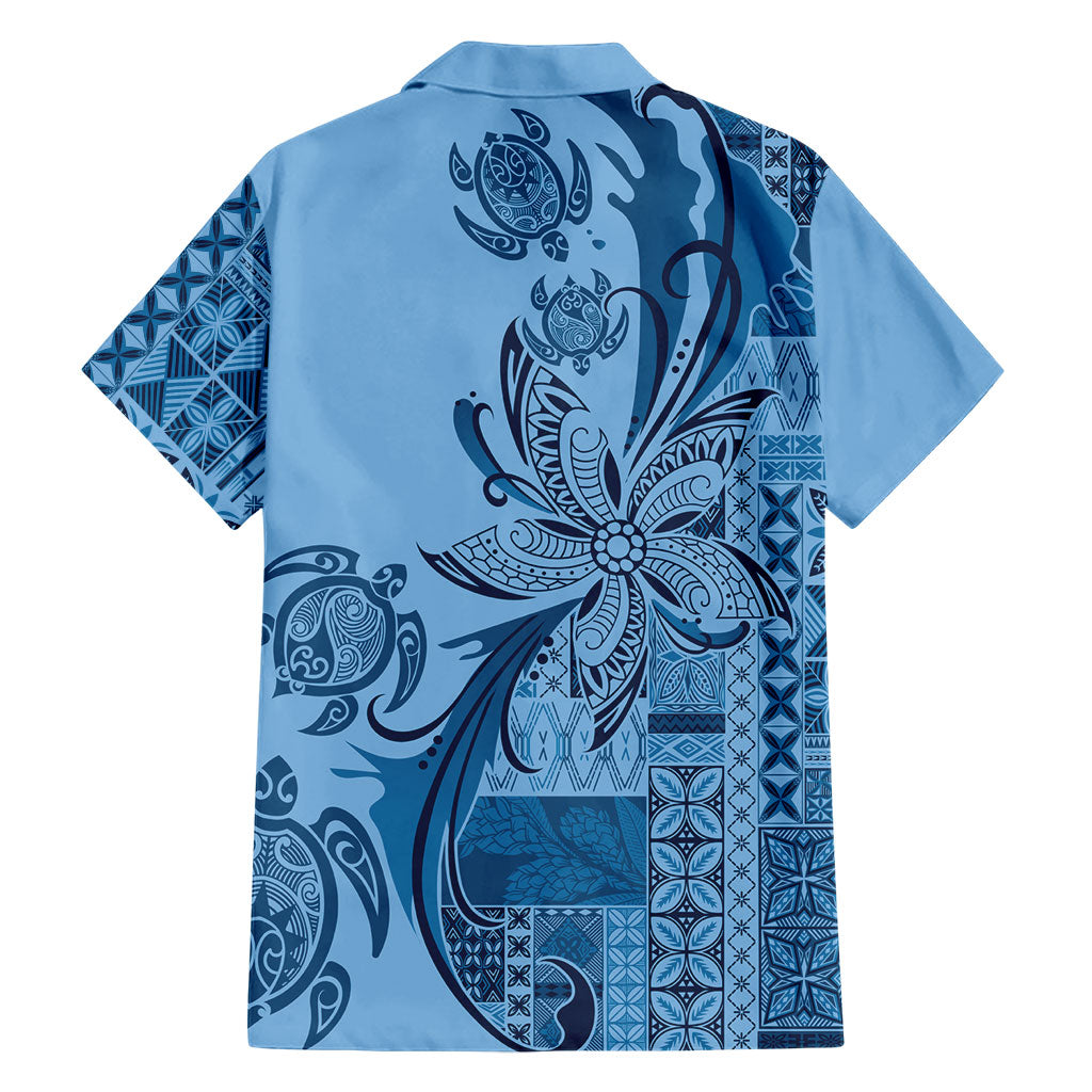 Talofa Samoa Mamanu Siapo Mix Malu Family Matching Tank Maxi Dress and Hawaiian Shirt Cool Blue Frangipani and Turtles