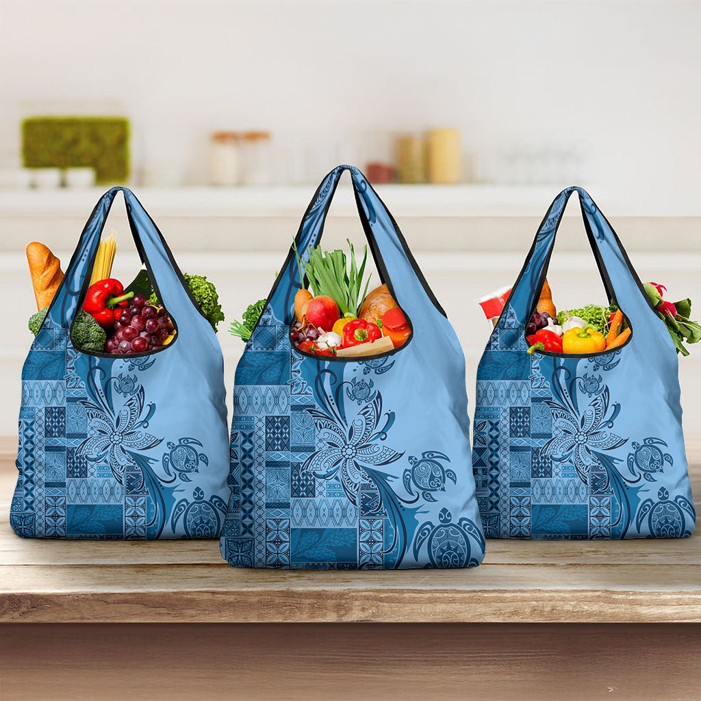 Talofa Samoa Mamanu Siapo Mix Malu Grocery Bag Cool Blue Frangipani and Turtles