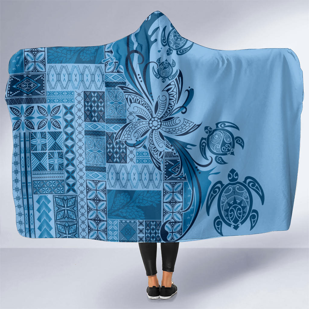 Talofa Samoa Mamanu Siapo Mix Malu Hooded Blanket Cool Blue Frangipani and Turtles