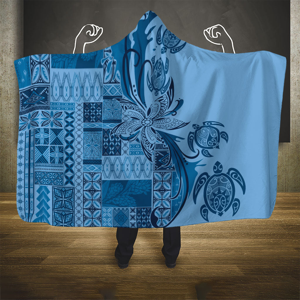 Talofa Samoa Mamanu Siapo Mix Malu Hooded Blanket Cool Blue Frangipani and Turtles