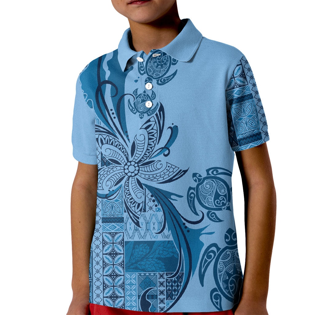 Talofa Samoa Mamanu Siapo Mix Malu Kid Polo Shirt Cool Blue Frangipani and Turtles