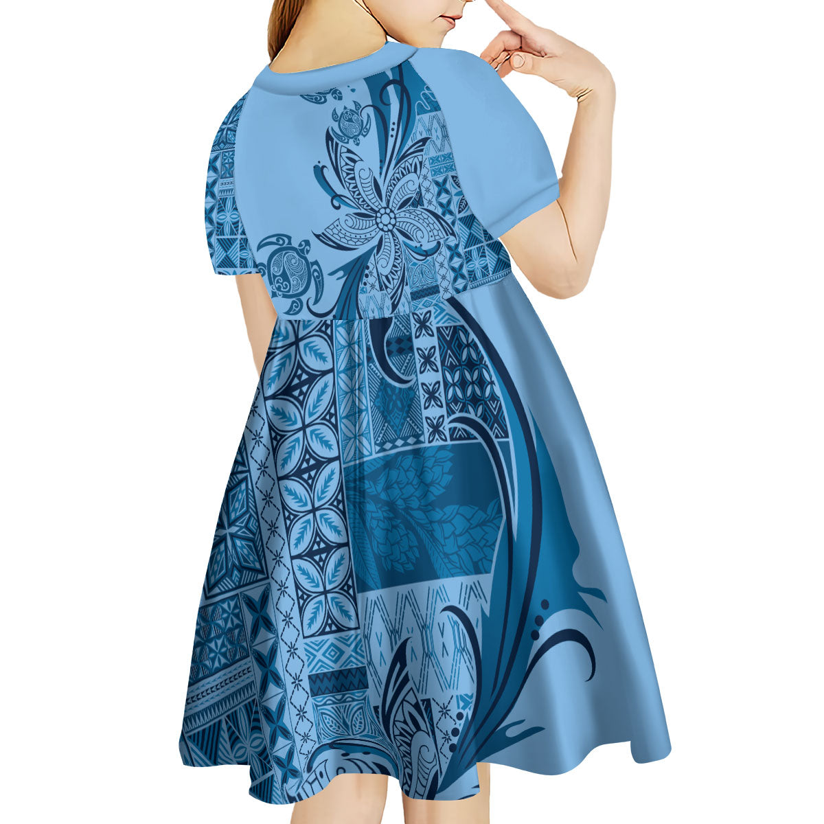 Talofa Samoa Mamanu Siapo Mix Malu Kid Short Sleeve Dress Cool Blue Frangipani and Turtles