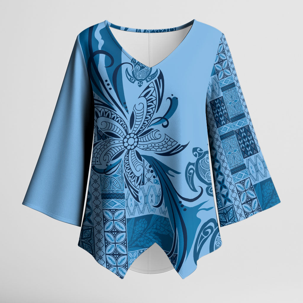 Talofa Samoa Mamanu Siapo Mix Malu Kimono Sleeve Blouse Cool Blue Frangipani and Turtles
