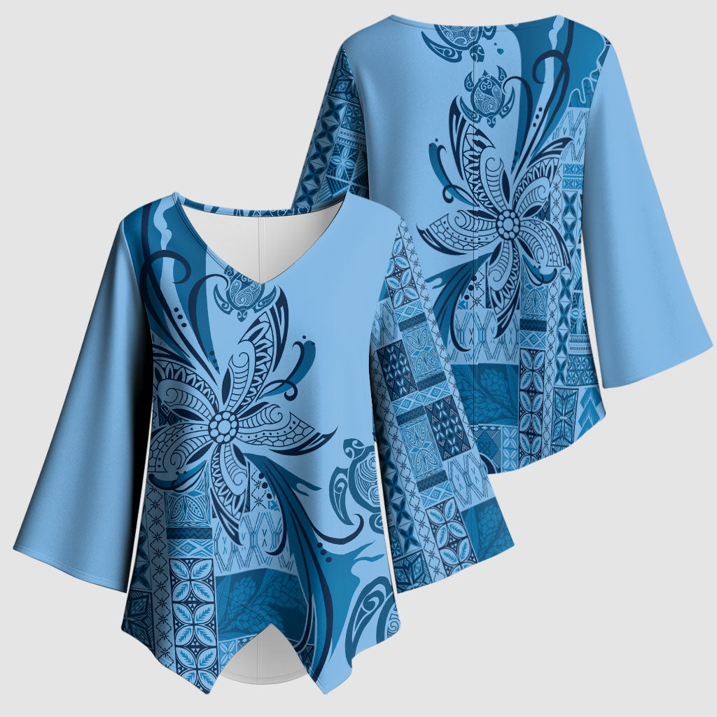 Talofa Samoa Mamanu Siapo Mix Malu Kimono Sleeve Blouse Cool Blue Frangipani and Turtles