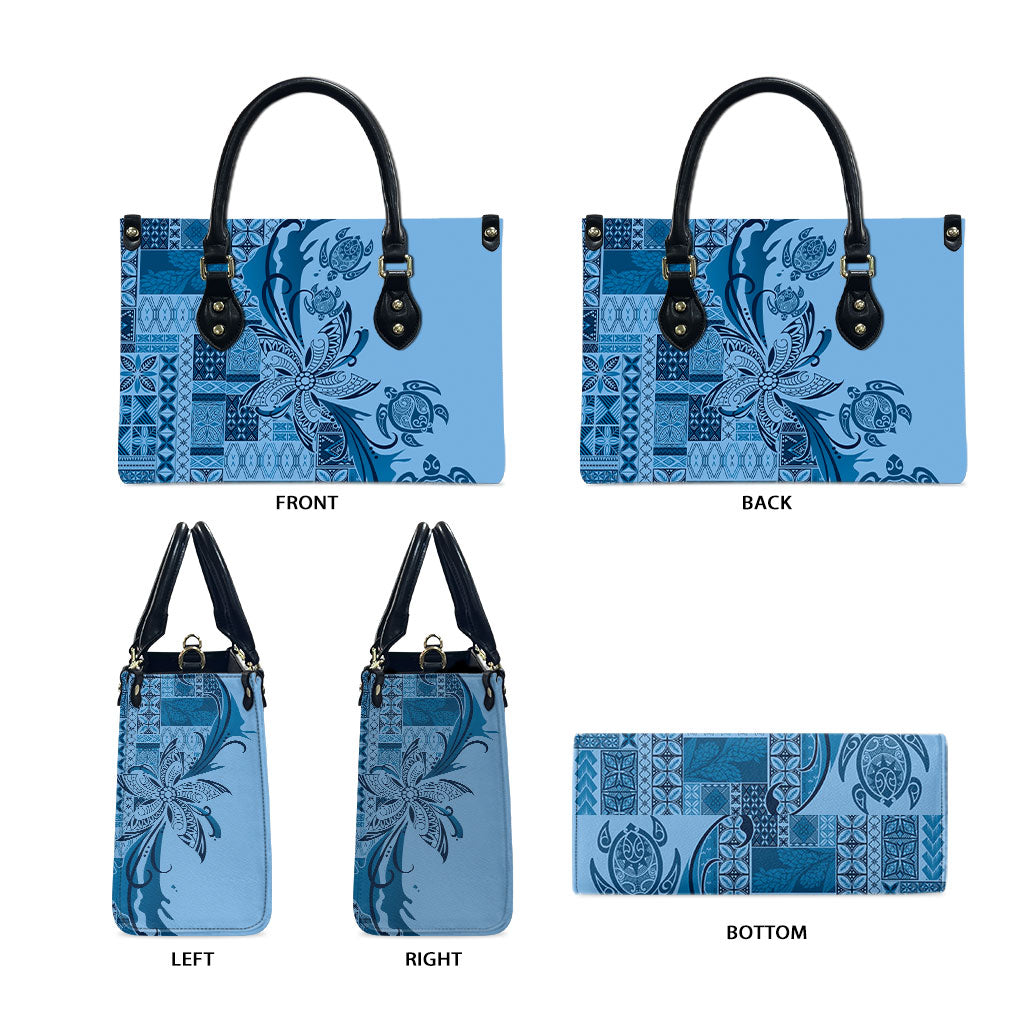 Talofa Samoa Mamanu Siapo Mix Malu Leather Bag Cool Blue Frangipani and Turtles