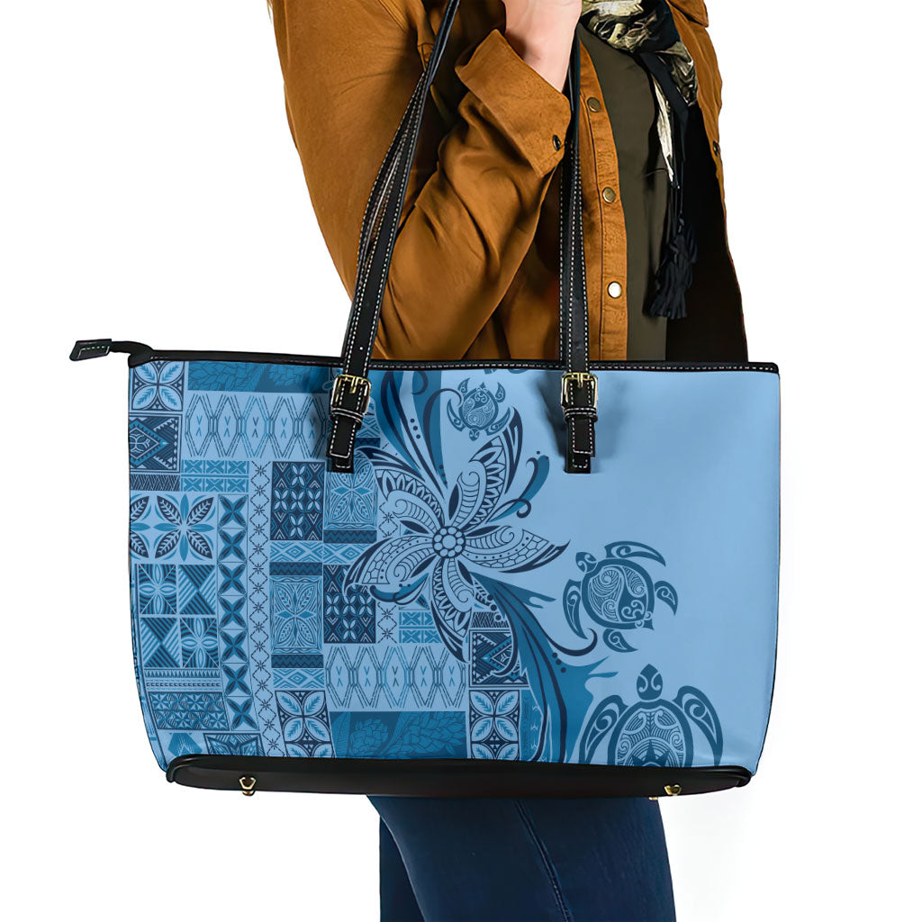 Talofa Samoa Mamanu Siapo Mix Malu Leather Tote Bag Cool Blue Frangipani and Turtles