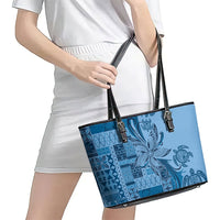 Talofa Samoa Mamanu Siapo Mix Malu Leather Tote Bag Cool Blue Frangipani and Turtles