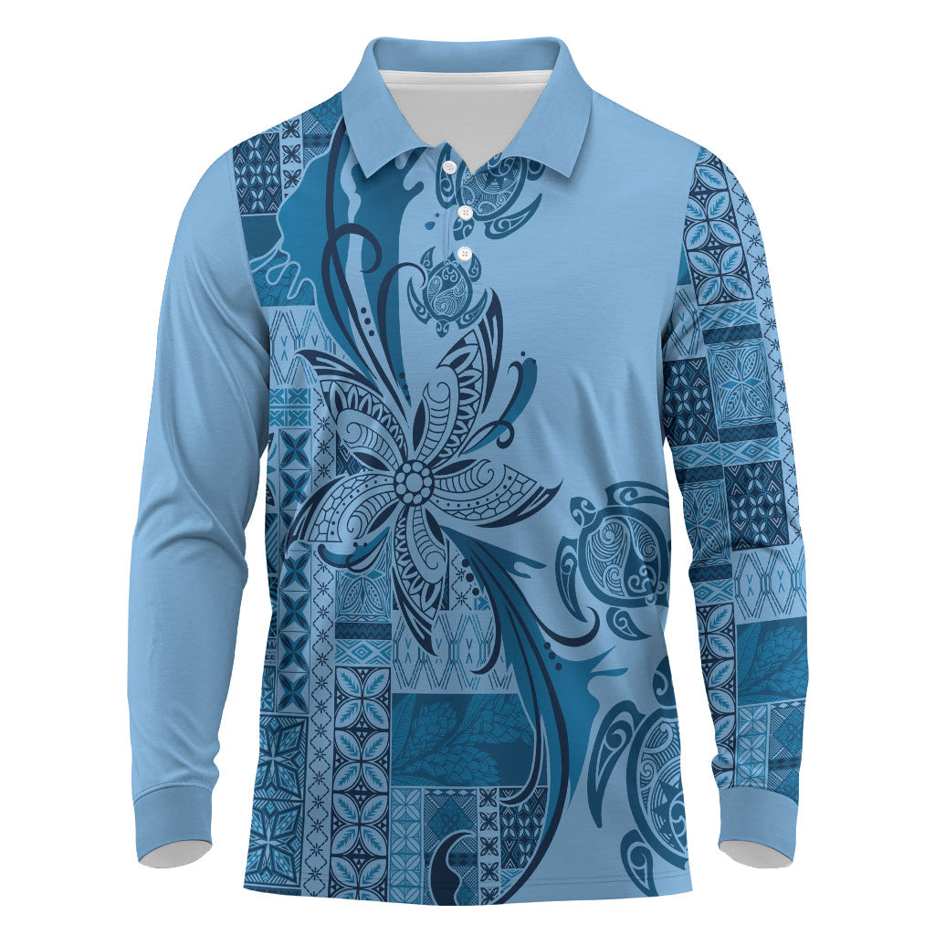 Talofa Samoa Mamanu Siapo Mix Malu Long Sleeve Polo Shirt Cool Blue Frangipani and Turtles