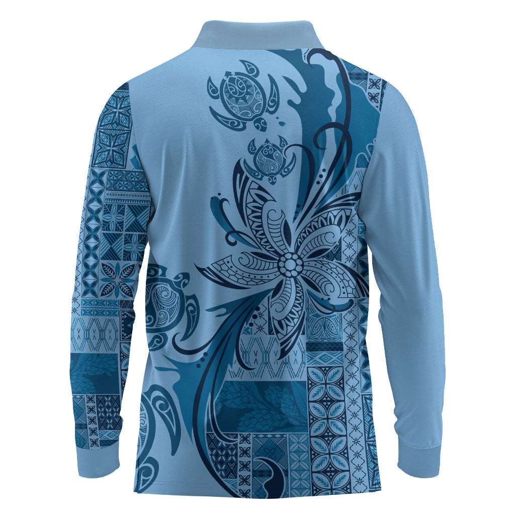 Talofa Samoa Mamanu Siapo Mix Malu Long Sleeve Polo Shirt Cool Blue Frangipani and Turtles