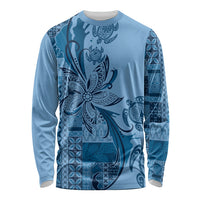Talofa Samoa Mamanu Siapo Mix Malu Long Sleeve Shirt Cool Blue Frangipani and Turtles