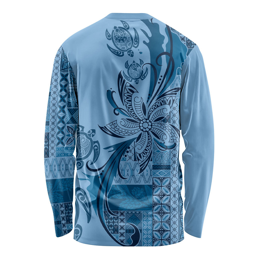 Talofa Samoa Mamanu Siapo Mix Malu Long Sleeve Shirt Cool Blue Frangipani and Turtles