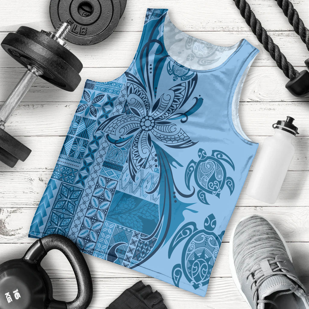 Talofa Samoa Mamanu Siapo Mix Malu Men Tank Top Cool Blue Frangipani and Turtles