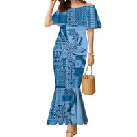 Talofa Samoa Mamanu Siapo Mix Malu Mermaid Dress Cool Blue Frangipani and Turtles