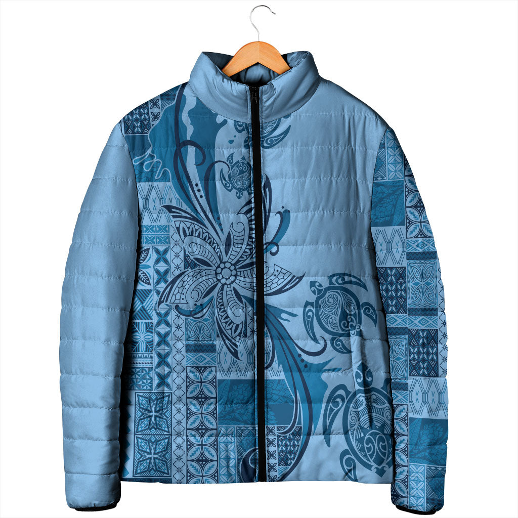 Talofa Samoa Mamanu Siapo Mix Malu Padded Jacket Cool Blue Frangipani and Turtles
