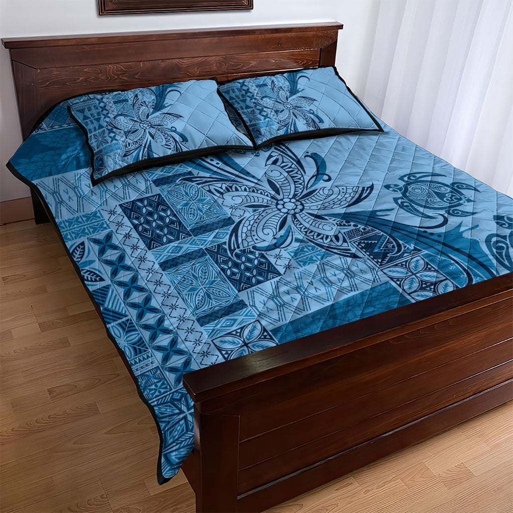 Talofa Samoa Mamanu Siapo Mix Malu Quilt Bed Set Cool Blue Frangipani and Turtles
