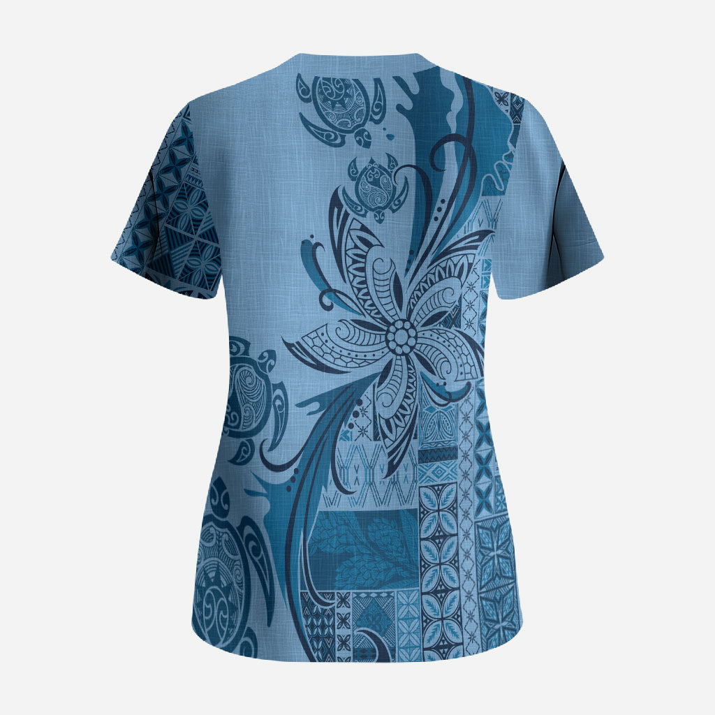 Talofa Samoa Mamanu Siapo Mix Malu Scrub Top Cool Blue Frangipani and Turtles