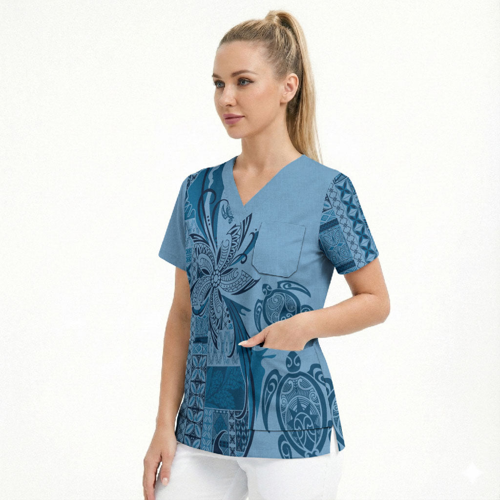 Talofa Samoa Mamanu Siapo Mix Malu Scrub Top Cool Blue Frangipani and Turtles