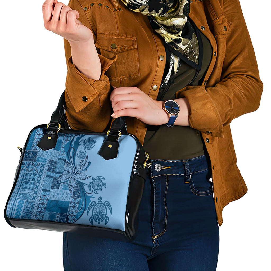 Talofa Samoa Mamanu Siapo Mix Malu Shoulder Handbag Cool Blue Frangipani and Turtles