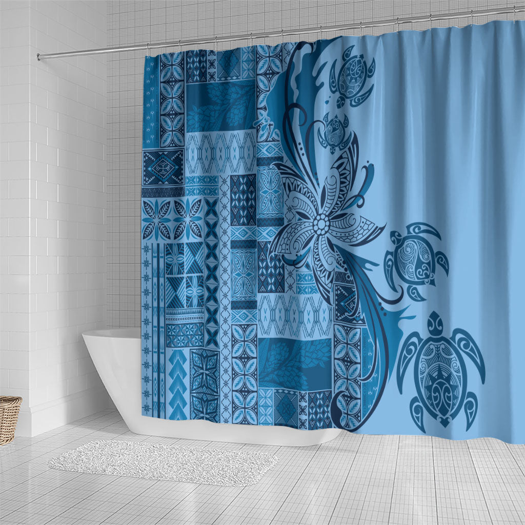 Talofa Samoa Mamanu Siapo Mix Malu Shower Curtain Cool Blue Frangipani and Turtles