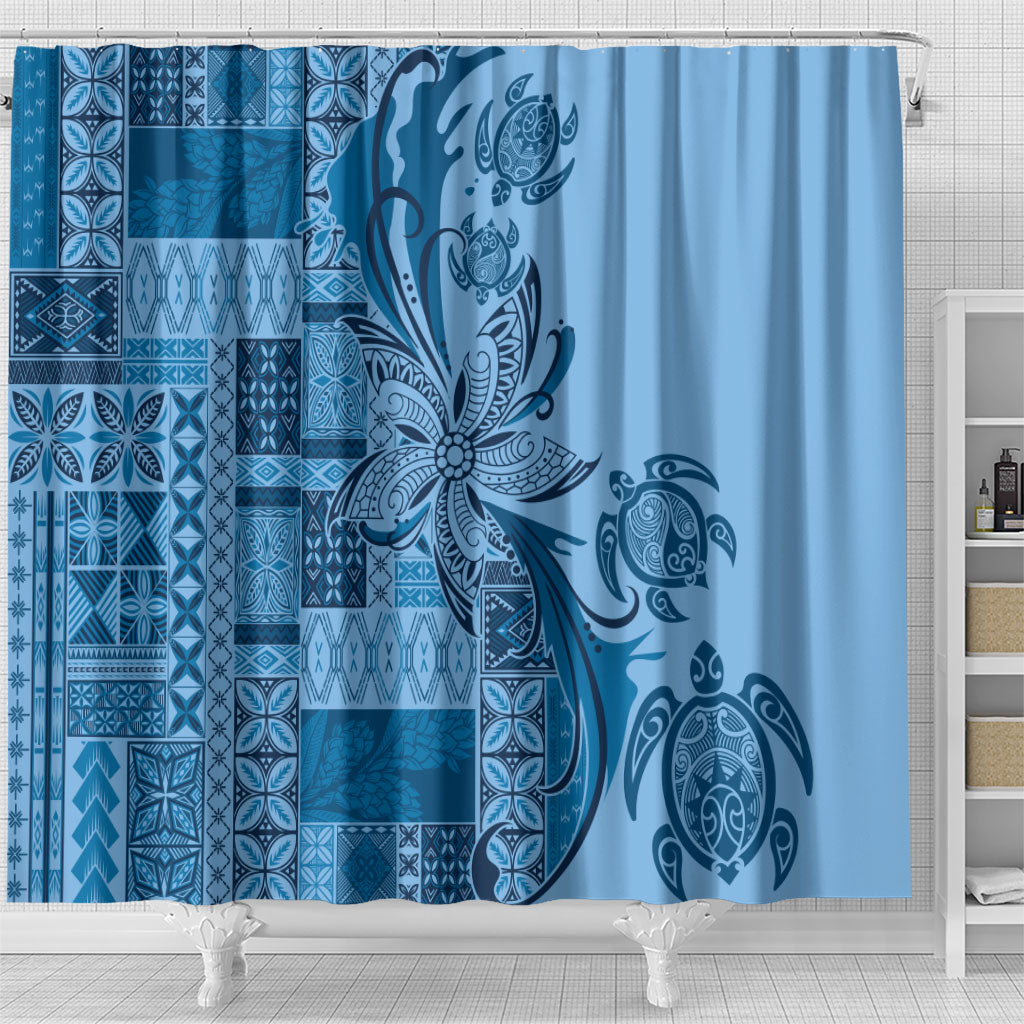 Talofa Samoa Mamanu Siapo Mix Malu Shower Curtain Cool Blue Frangipani and Turtles