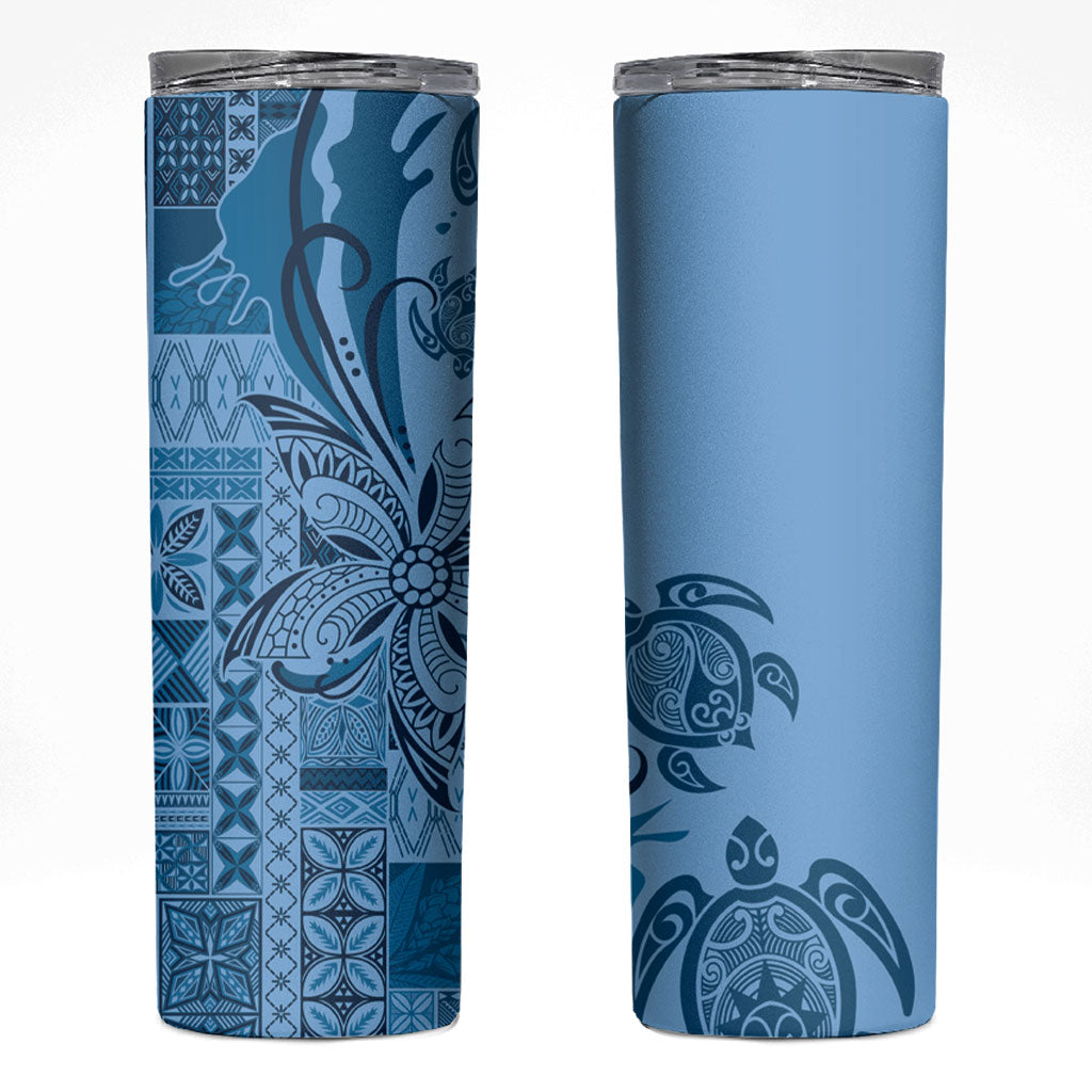 Talofa Samoa Mamanu Siapo Mix Malu Skinny Tumbler Cool Blue Frangipani and Turtles