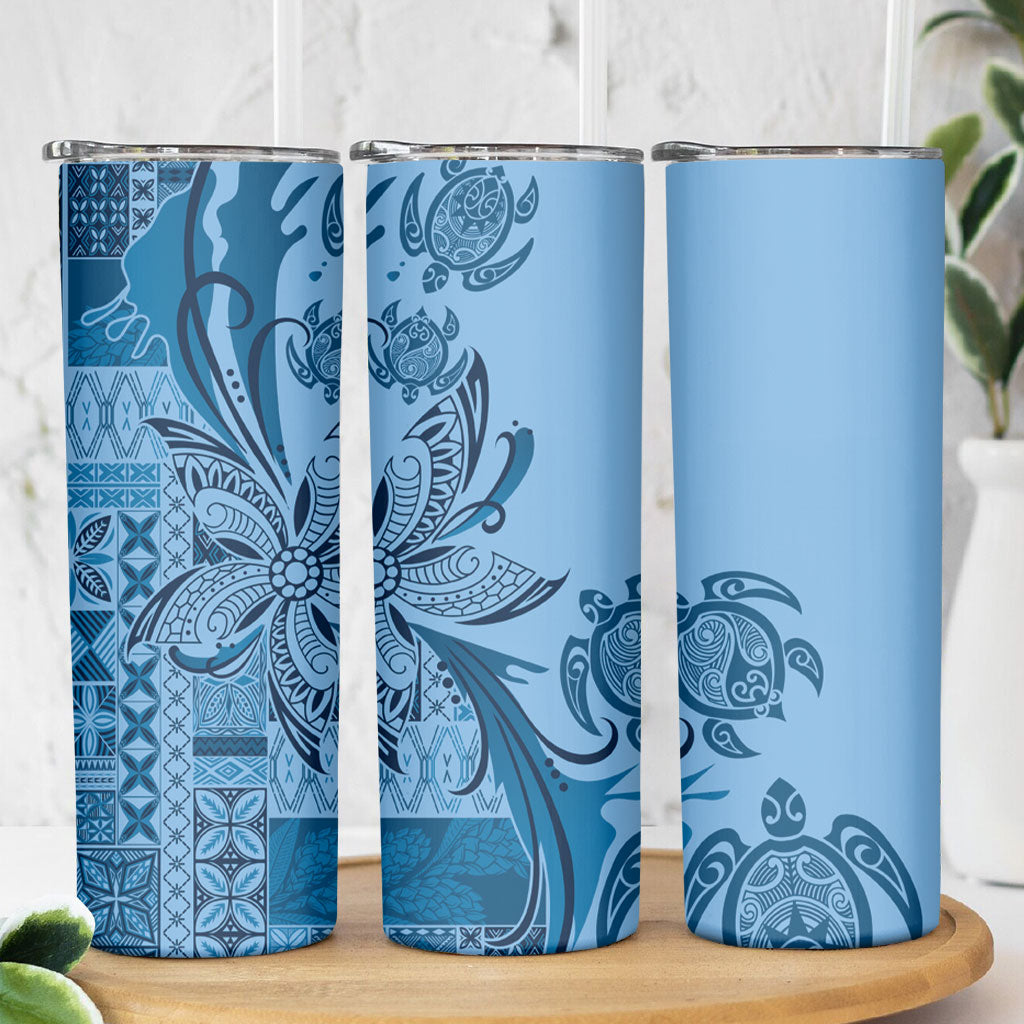 Talofa Samoa Mamanu Siapo Mix Malu Skinny Tumbler Cool Blue Frangipani and Turtles