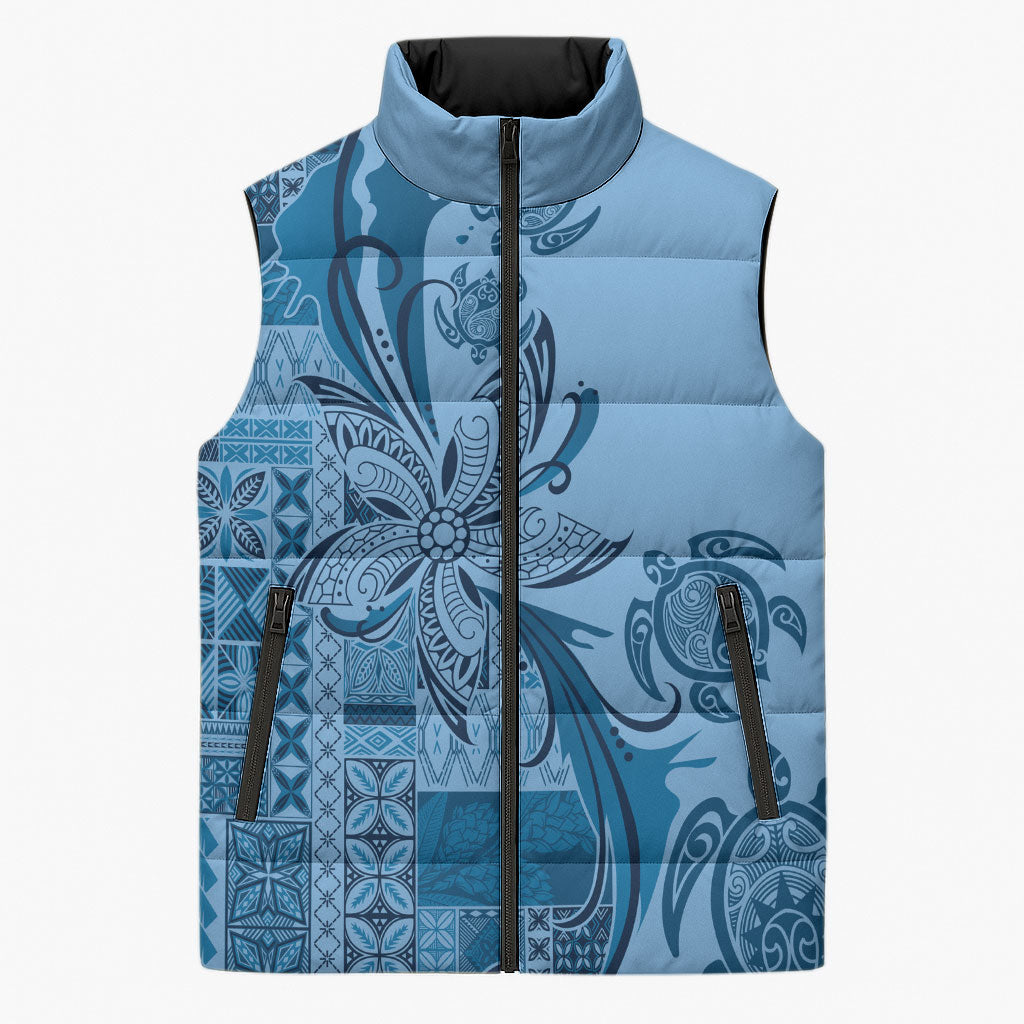 Talofa Samoa Mamanu Siapo Mix Malu Sleeveless Puffer Jacket Cool Blue Frangipani and Turtles