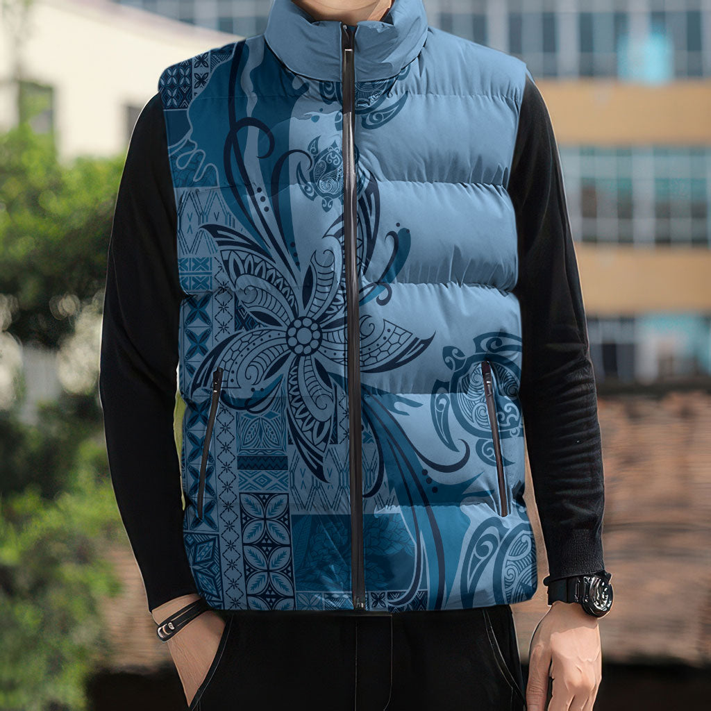 Talofa Samoa Mamanu Siapo Mix Malu Sleeveless Puffer Jacket Cool Blue Frangipani and Turtles