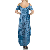 Talofa Samoa Mamanu Siapo Mix Malu Summer Maxi Dress Cool Blue Frangipani and Turtles