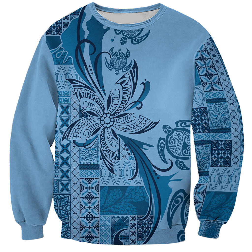 Talofa Samoa Mamanu Siapo Mix Malu Sweatshirt Cool Blue Frangipani and Turtles