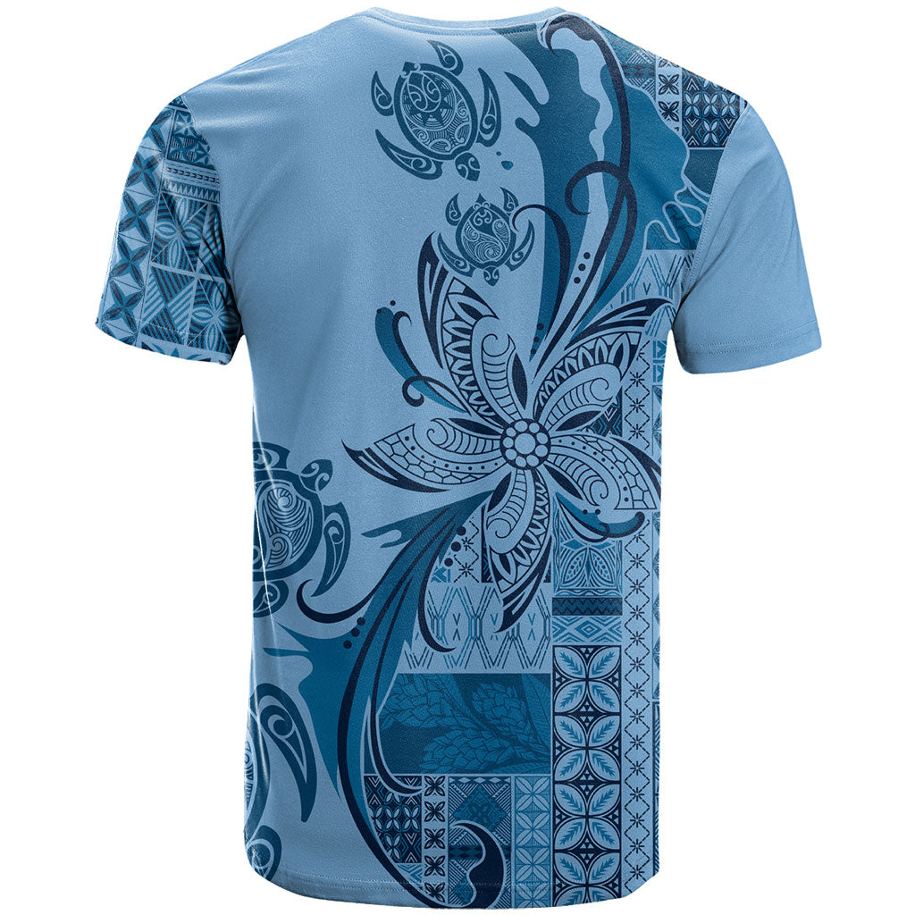 Talofa Samoa Mamanu Siapo Mix Malu T Shirt Cool Blue Frangipani and Turtles