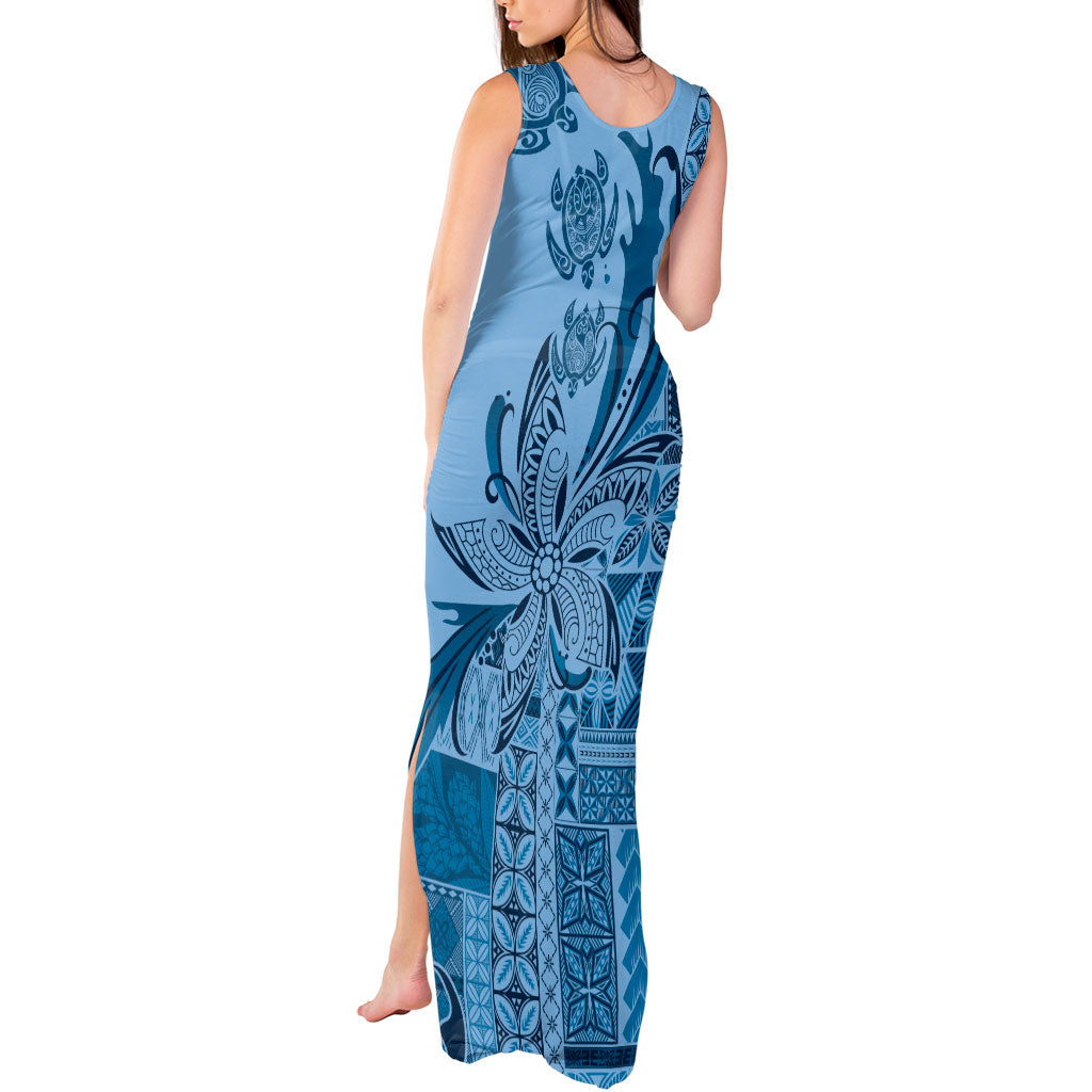 Talofa Samoa Mamanu Siapo Mix Malu Tank Maxi Dress Cool Blue Frangipani and Turtles