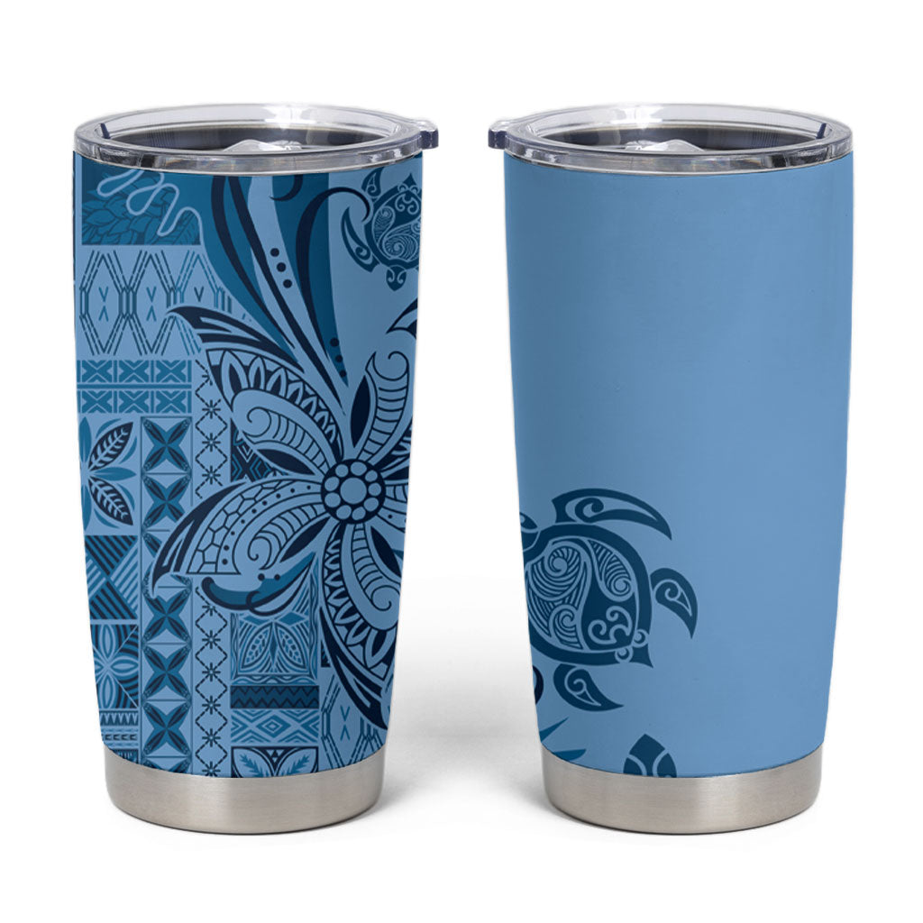 Talofa Samoa Mamanu Siapo Mix Malu Tumbler Cup Cool Blue Frangipani and Turtles