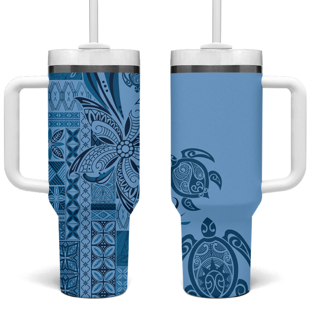 Talofa Samoa Mamanu Siapo Mix Malu Tumbler With Handle Cool Blue Frangipani and Turtles