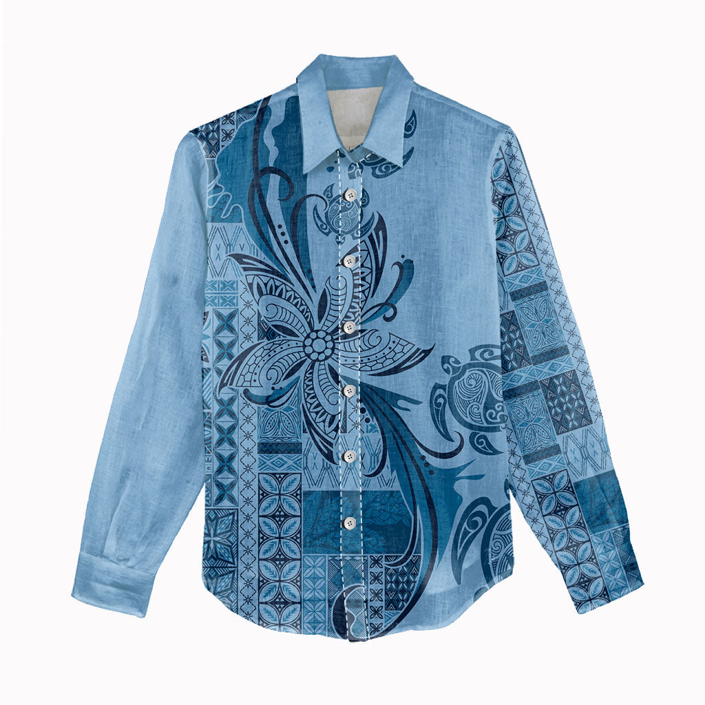 Talofa Samoa Mamanu Siapo Mix Malu Women Casual Shirt Cool Blue Frangipani and Turtles