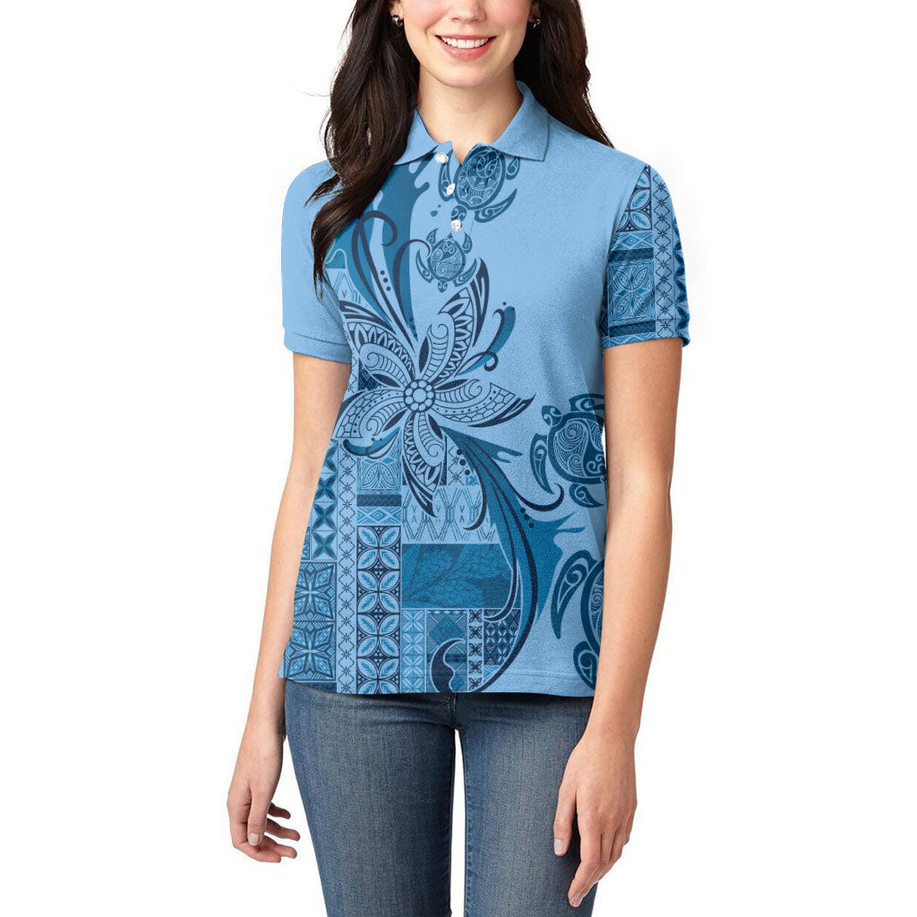 Talofa Samoa Mamanu Siapo Mix Malu Women Polo Shirt Cool Blue Frangipani and Turtles