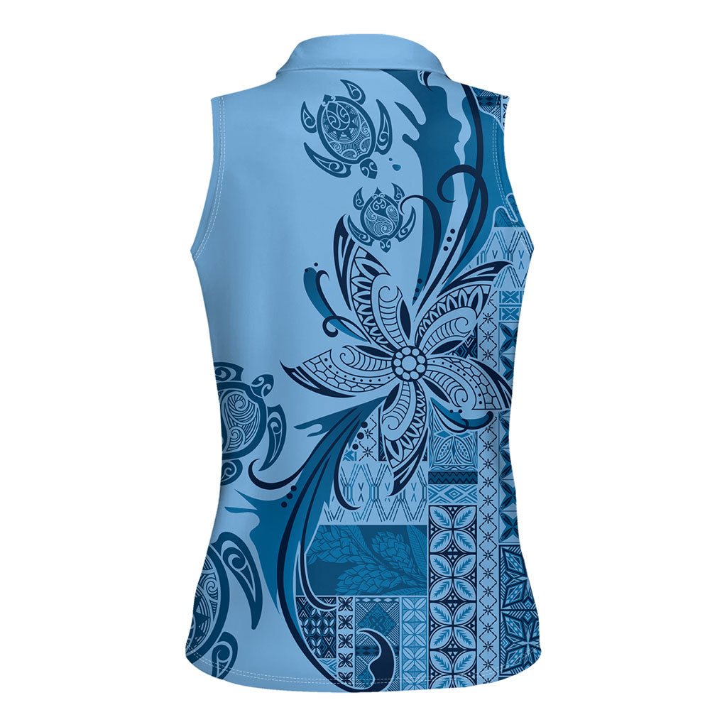 Talofa Samoa Mamanu Siapo Mix Malu Women Sleeveless Polo Shirt Cool Blue Frangipani and Turtles