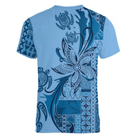 Talofa Samoa Mamanu Siapo Mix Malu Women V-Neck T-Shirt Cool Blue Frangipani and Turtles