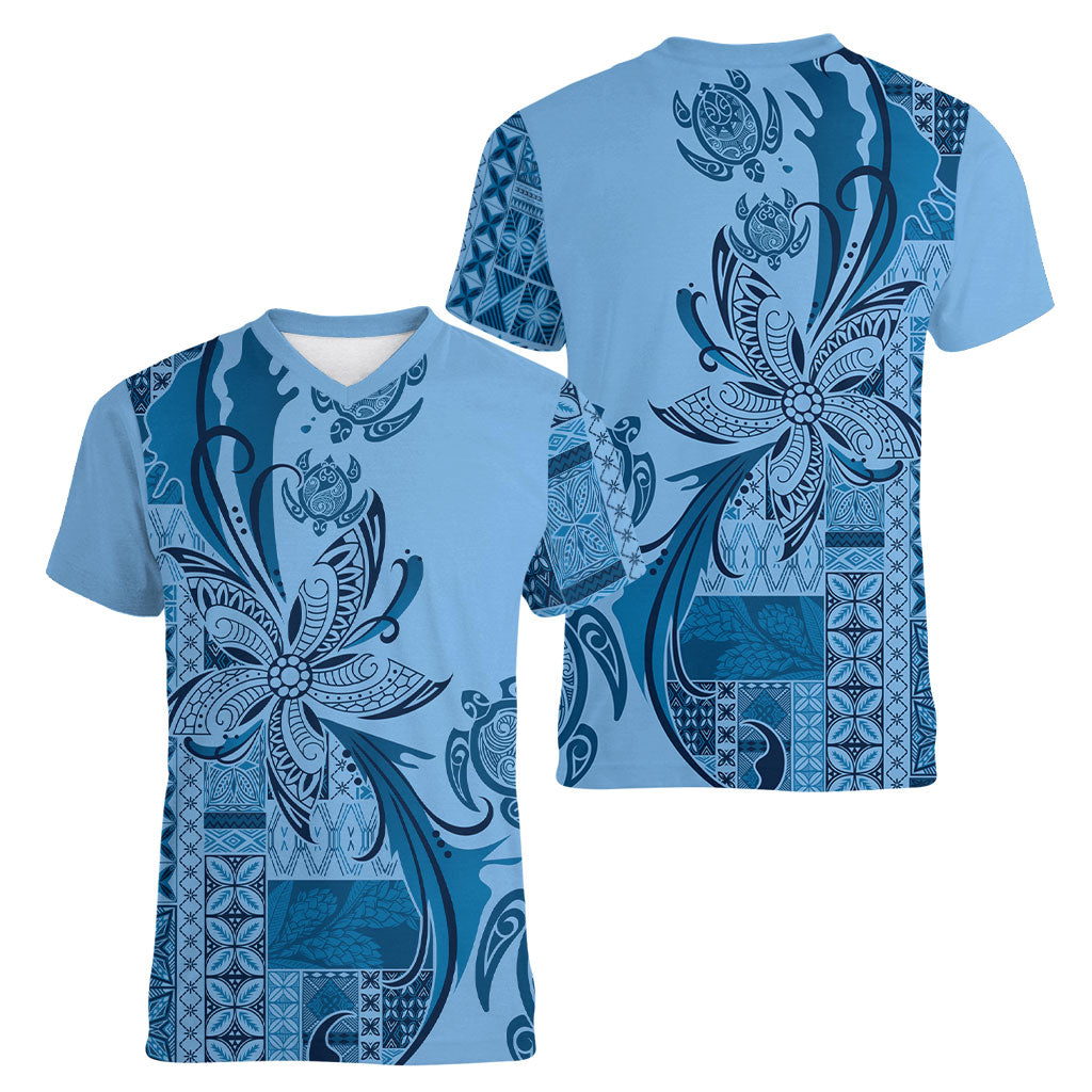 Talofa Samoa Mamanu Siapo Mix Malu Women V-Neck T-Shirt Cool Blue Frangipani and Turtles